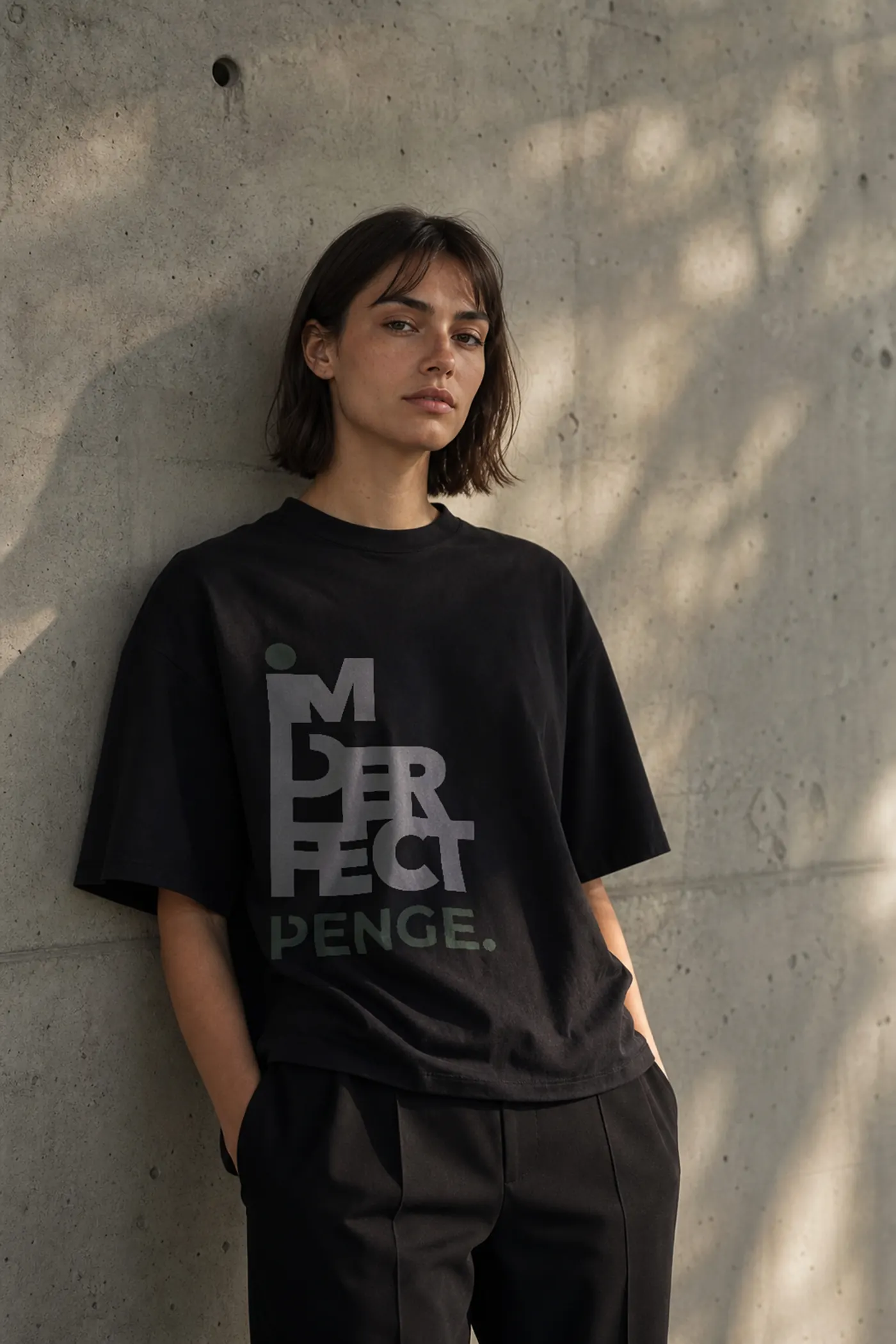 A woman in the black IMPERFECT tee leaning on a concrete wall in soft light