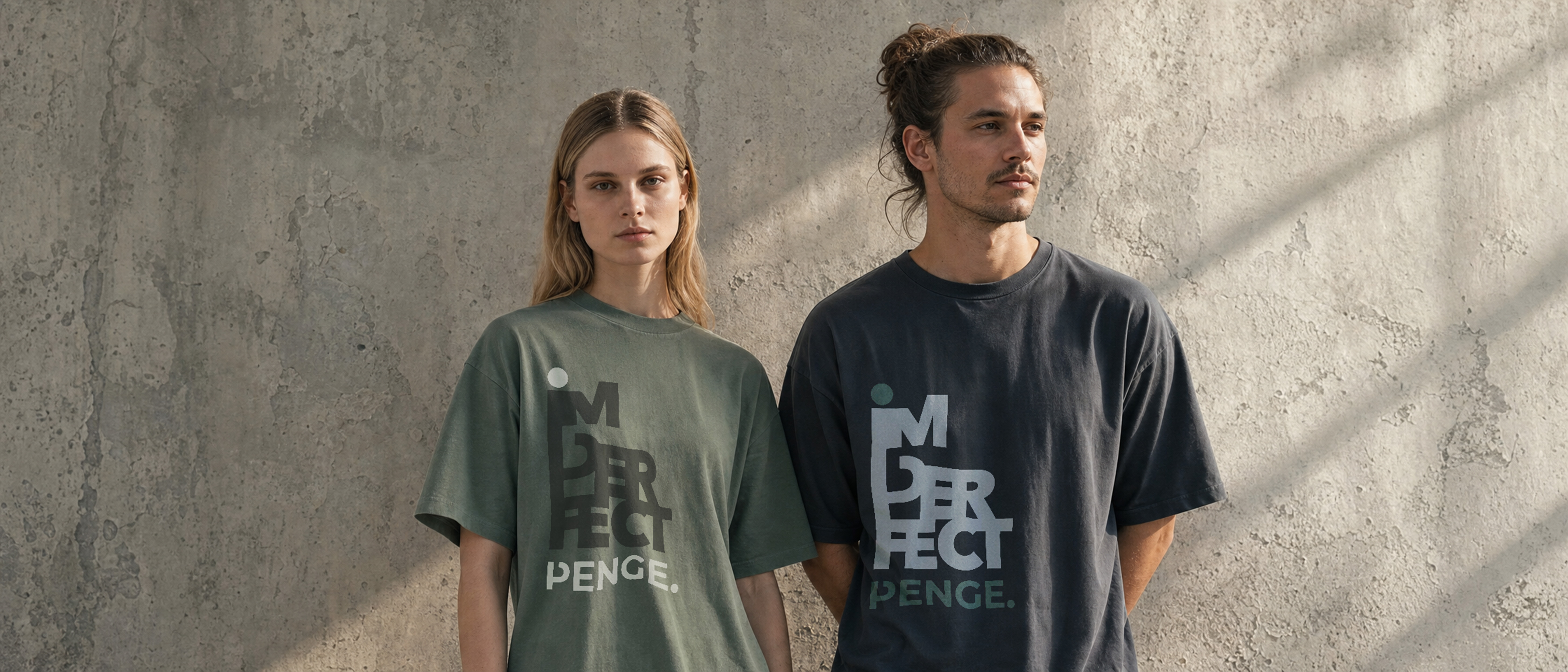 Two people wearing the IMPERFECT tee against a concrete wall