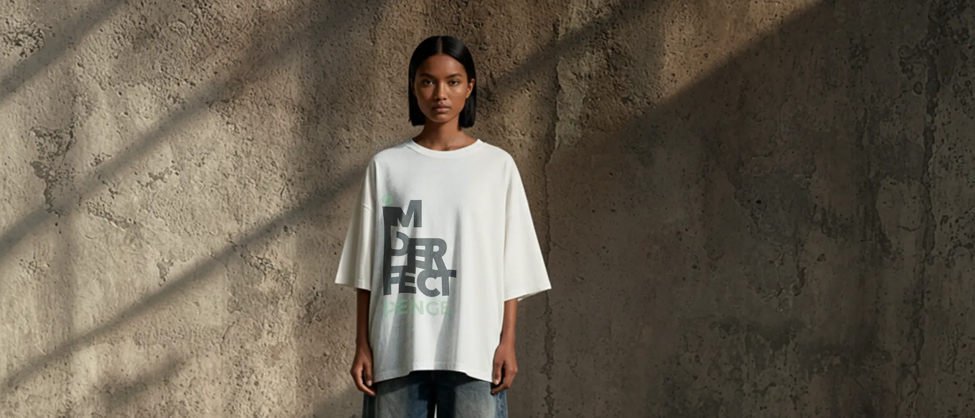 Model wearing the IMPERFECT tee against a raw concrete wall
