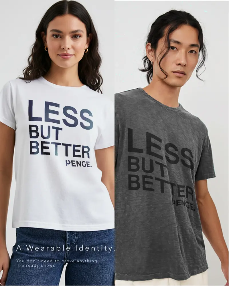 Two people in LESS BUT BETTER tees