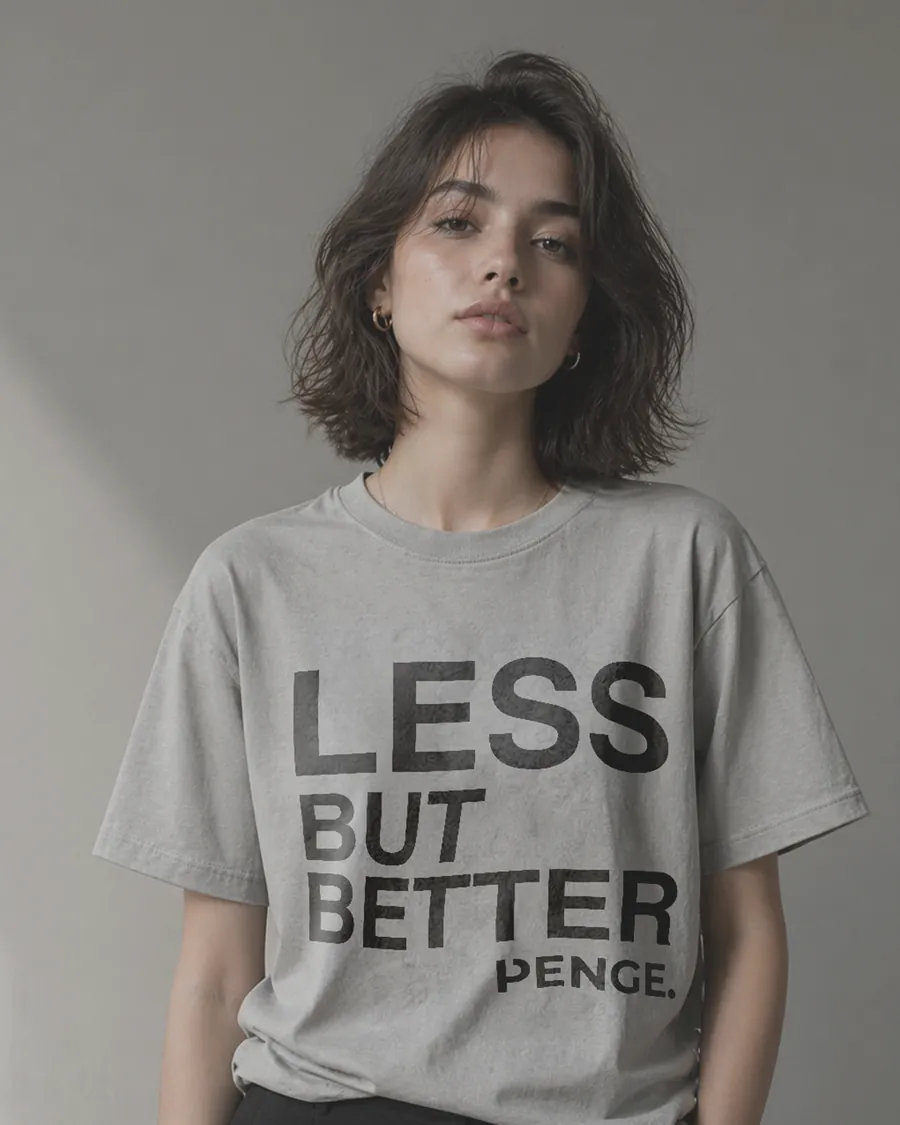 Model in the grey LESS BUT BETTER tee against a quiet grey wall